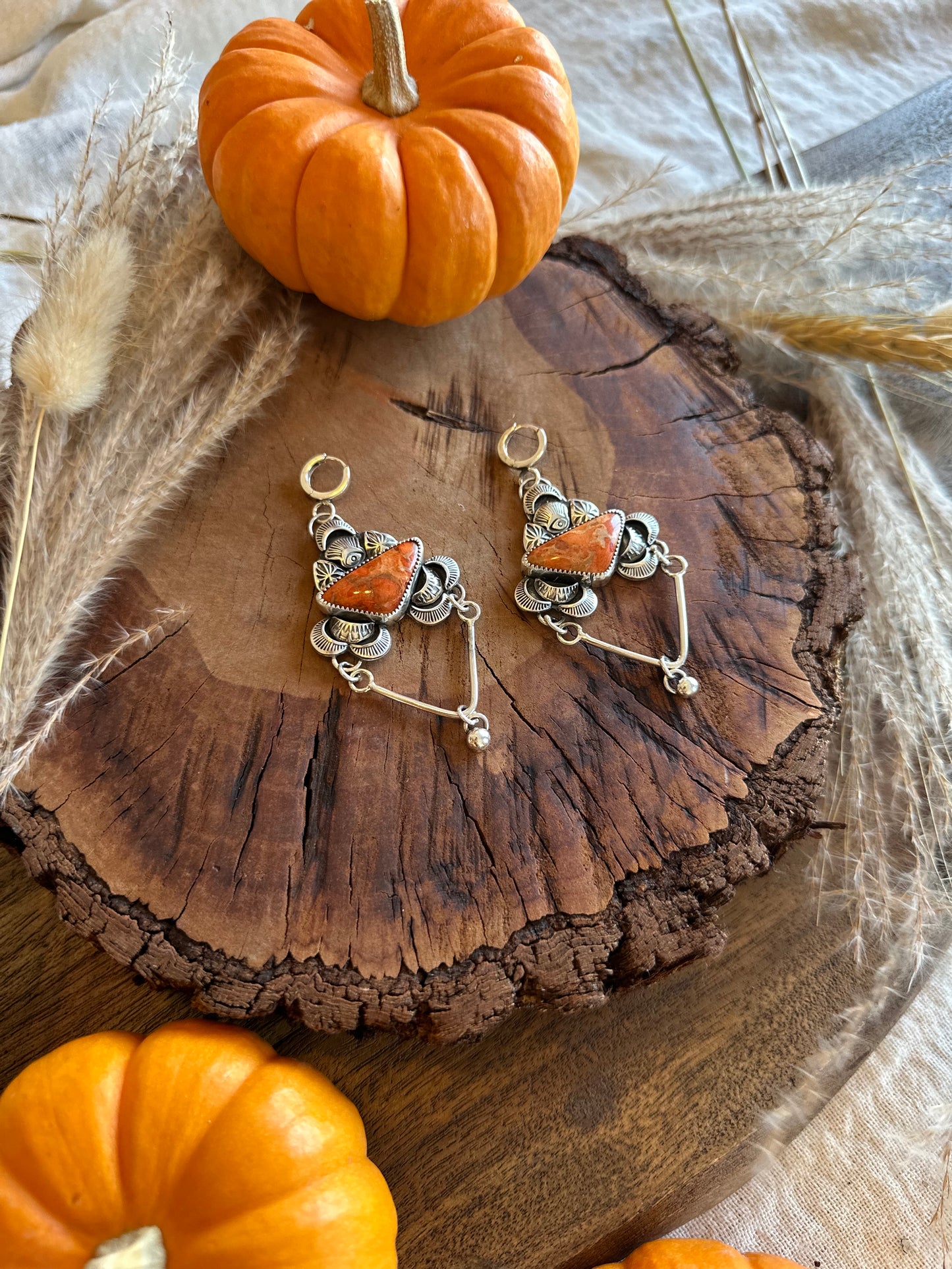 Natural Coral Stamped Earrings - Sterling Silver .925