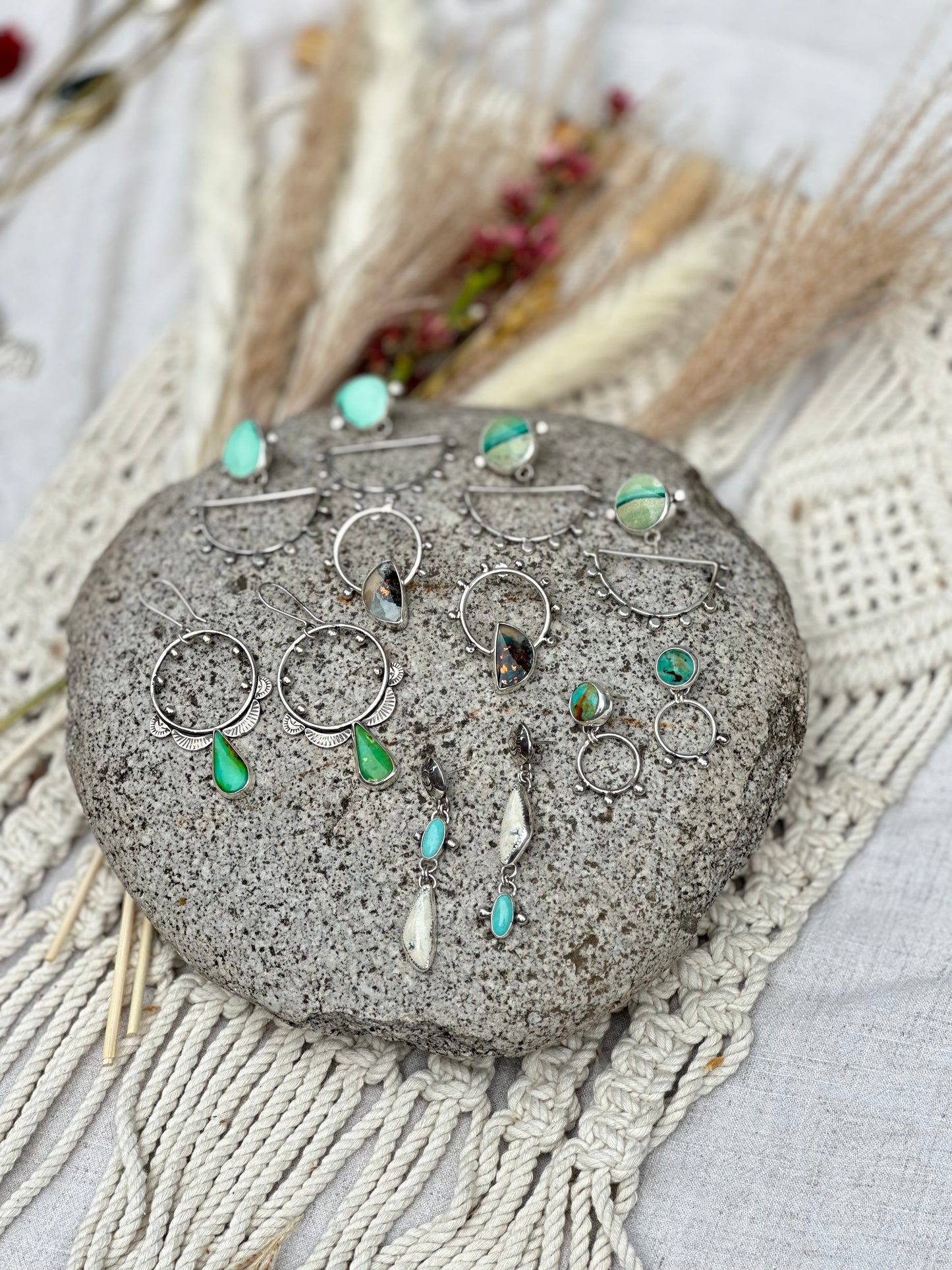 Half Moon Drop Earrings - Opalized Wood - Sterling Silver .925