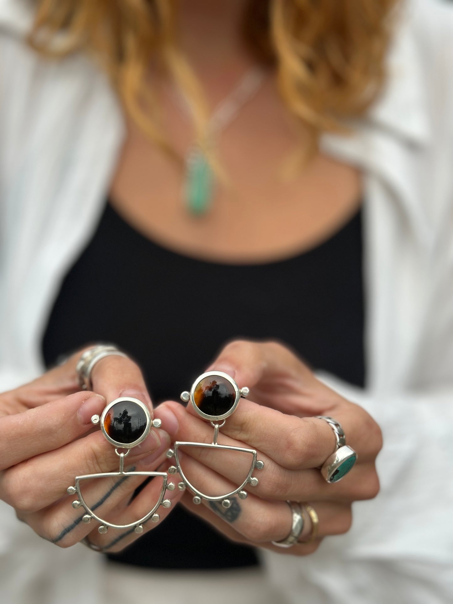 Meia Lua Earrings - Montana Agate - Sterling Silver .925