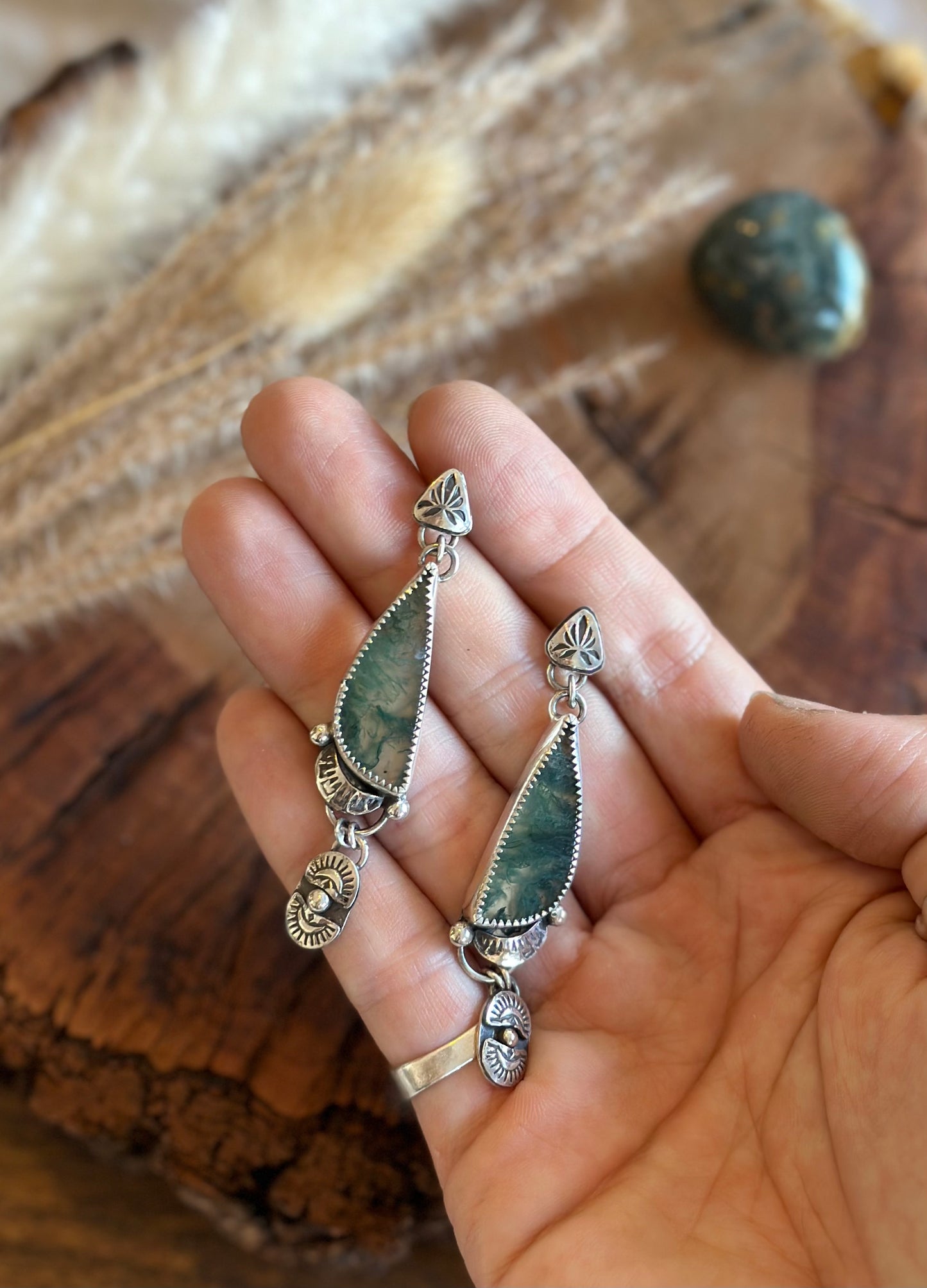 Moss Agate Hand Stamped Earrings - Sterling Silver