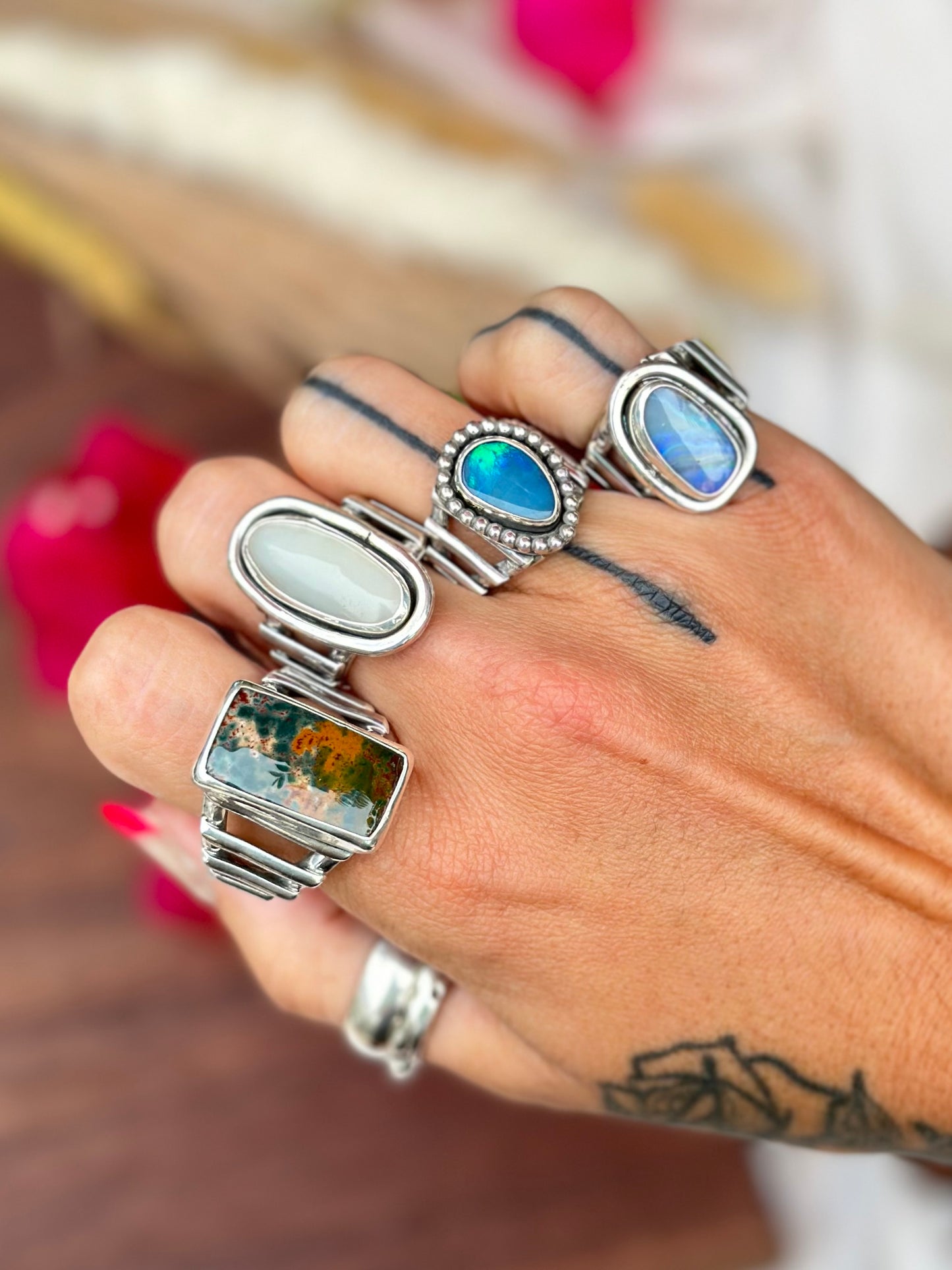Chunky "Ladder Band" Ring- Natural Solid Boulder Opal - Sterling Silver .925 SIZE 5