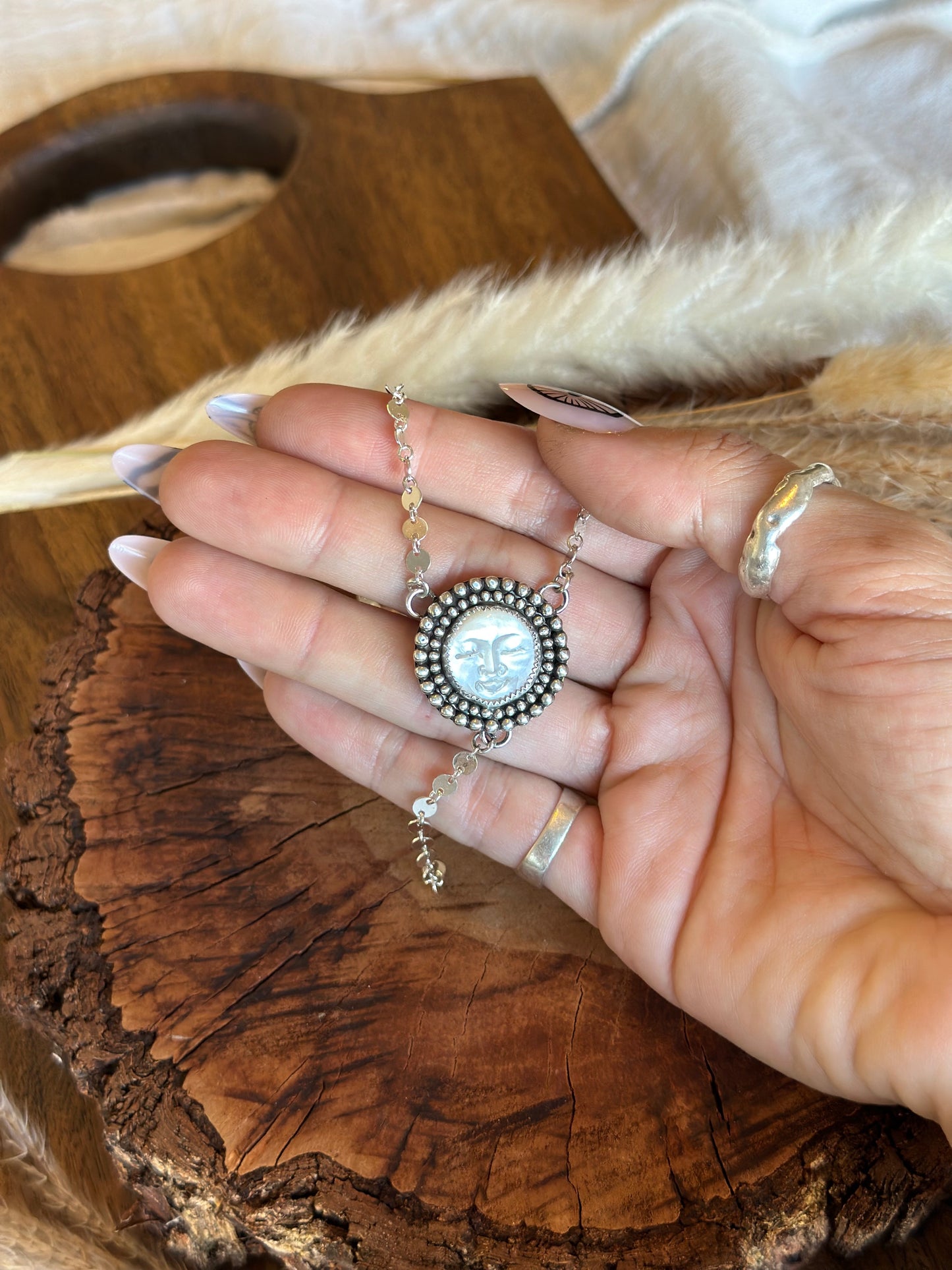 Mother of Pearl Moon Face Lariat - Sterling Silver