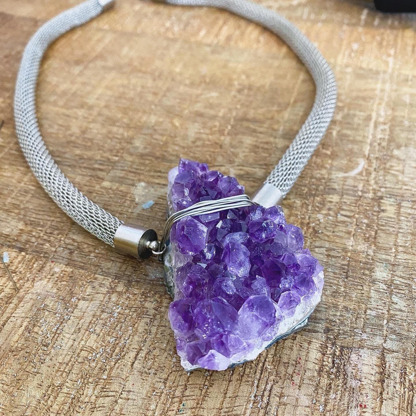 Large Raw Amethyst Mesh Necklace, Oversized, Natural Gemstone, Healing Women's Jewelry, Birthstone