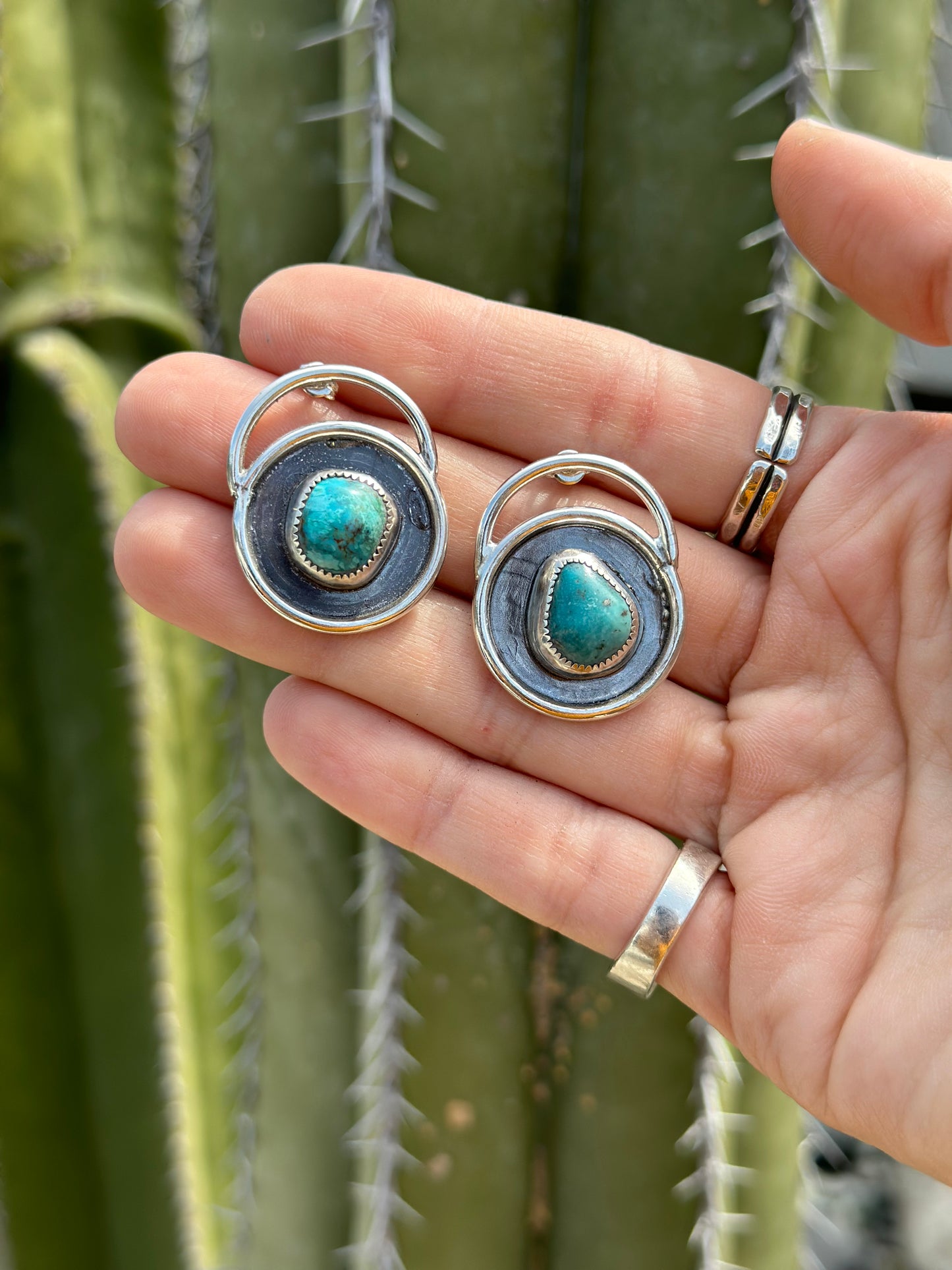 Kingman Turquoise Crescent Moon Oversized Studs .925