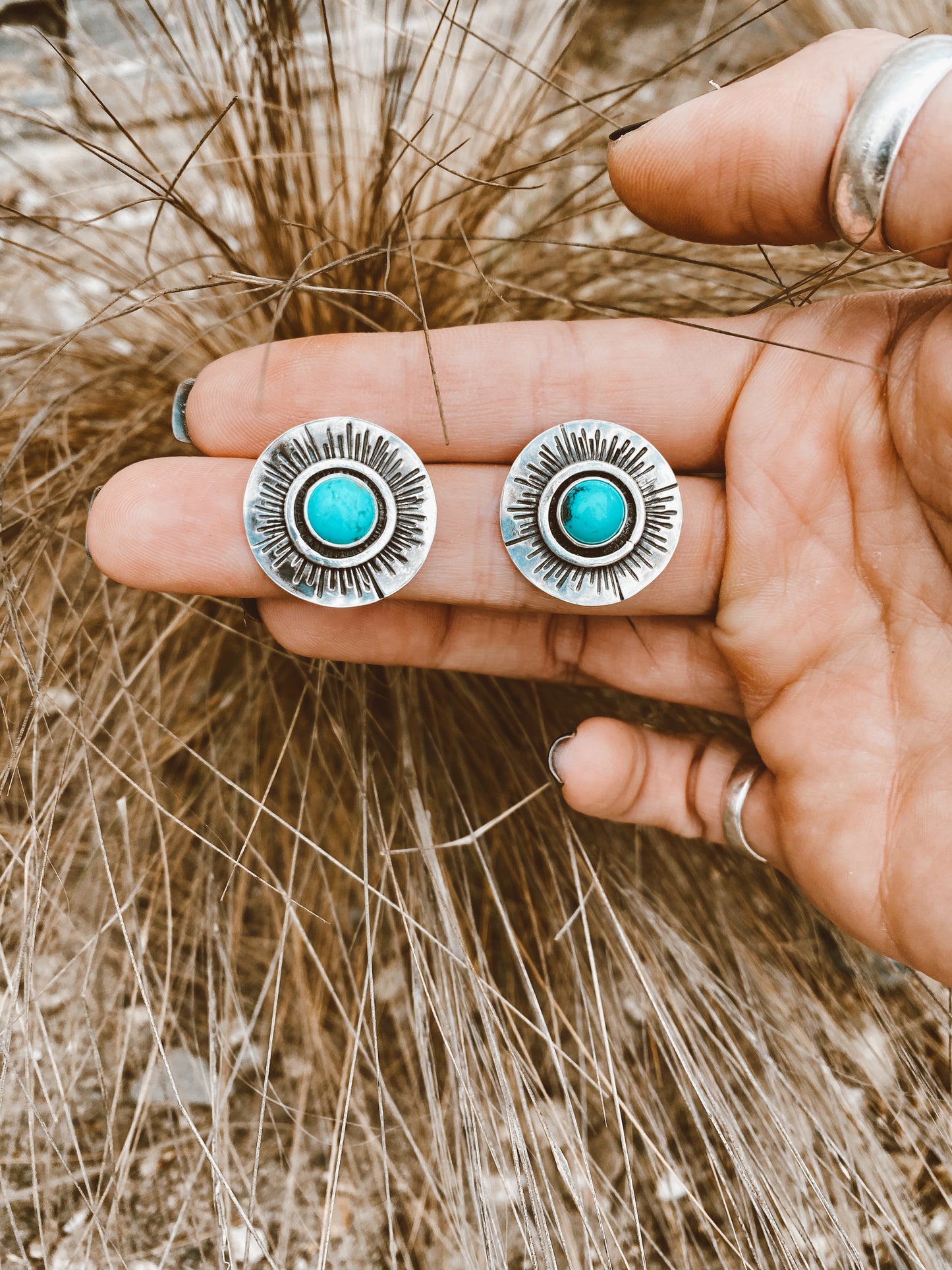 Here Comes The Sun Stud Earrings - Kingman Turquoise .925 Sterling Silver